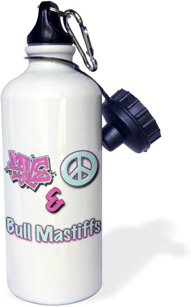 3dRose "Love Peace And Bull Mastiffs In Blue And Purple" Sports Water Bottle, 21 oz, White