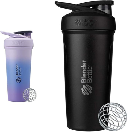 BlenderBottle Strada 25-Ounce Lavender & 24-Ounce Black Insulated Stainless Steel Protein Shaker Bottles with Wire Whisk