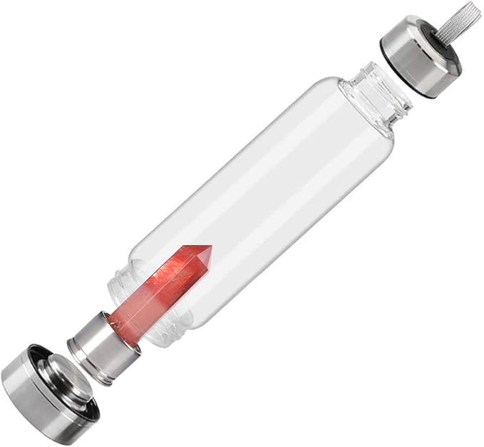 Crystal Glass Water Bottle, Glass Water Bottle with Changeable Natural Crystal Center, Quartz Gemstone Water Bottle for Natural