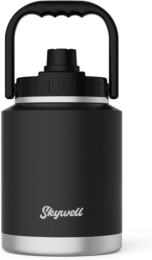 SkyWell Half Gallon Insulated Water Bottle with Handle and Wide Mouth Water Flask Sweat-Proof and Leak-Proof 64 Oz Water Jug for Outdoors, Black
