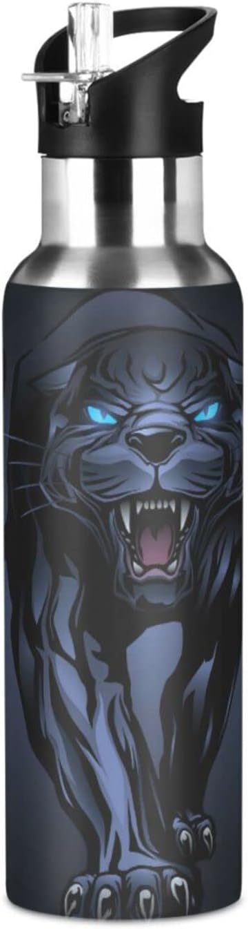 senya 20 Oz Water Bottle with Straw Roaring Black Panther Stainless Steel Water Bottle for Traveling Sports Leakproof Insulated Water Bottle
