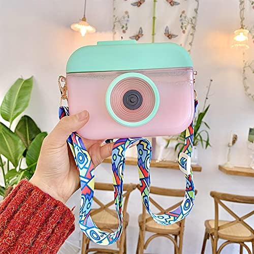 Camera Bottle Travel Cup with Straw Birthday Party Gift Ice Drinking Water Bottle Mug with Strap Picnic (camera pink, 400 ml)