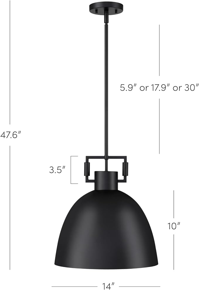 Nathan James Leigh Pendant Lighting, Hanging Ceiling Light with Oversized Metal Shade and Adjustable Cord, for Kitchen Island or Entryway, Matte Black, Set of 2