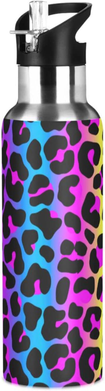 senya 34 Oz Water Bottle with Straw Leopard Print Cheetah Neon Gradient Stainless Steel Water Bottle for Traveling Sports Leakproof Insulated Water Bottle