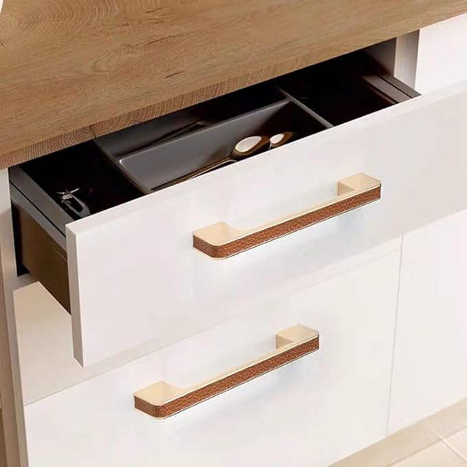 Leather Handle Brass Leather Handle Nordic Minimalist Style Handle Wardrobe Dressing Table Bedroom Living Room Kitchen Handle Hardware Furniture - 2 Pack (Brown, 96mm(3-3/4in))