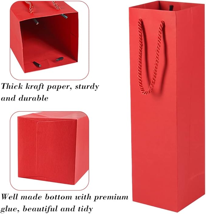 HRX Package Thick Kraft Paper Wine Tote Gift Bags for 1 Bottle, 12PCS Sturdy Paper Wine Gift Bags with Handles for Christmas, Party, Shopping, Retail Merchandise (Red)
