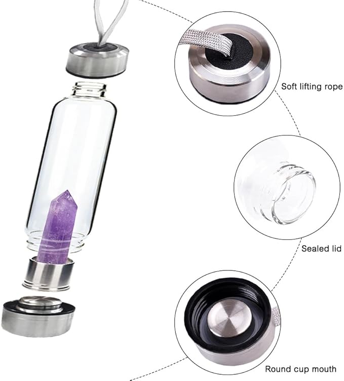 Crystal Glass Water Bottle,Water Bottle With Gemstone Center Crystal Elixir Bottle,Removable Gemstones Creative Water Cup Crystal Column Magic Wand Energy Cup for Gifts (Q-Amethyst)