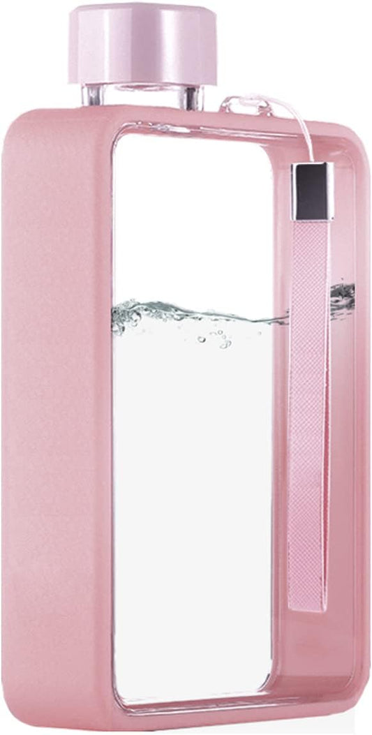 Flat Water Bottle, Portable A5 Water Bottle, 13oz Flat Travel Flask for Camping Fitness Gym (Pink)