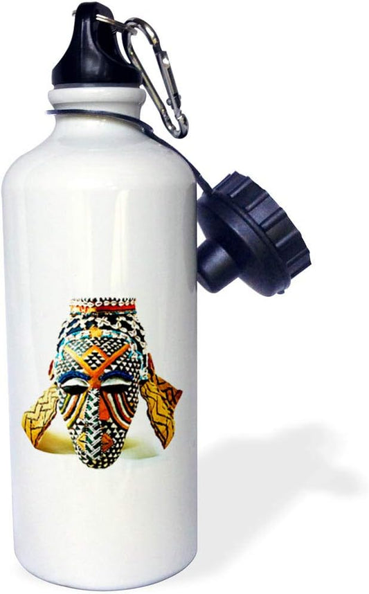 3dRose "African Mask" Sports Water Bottle, 21 oz, White