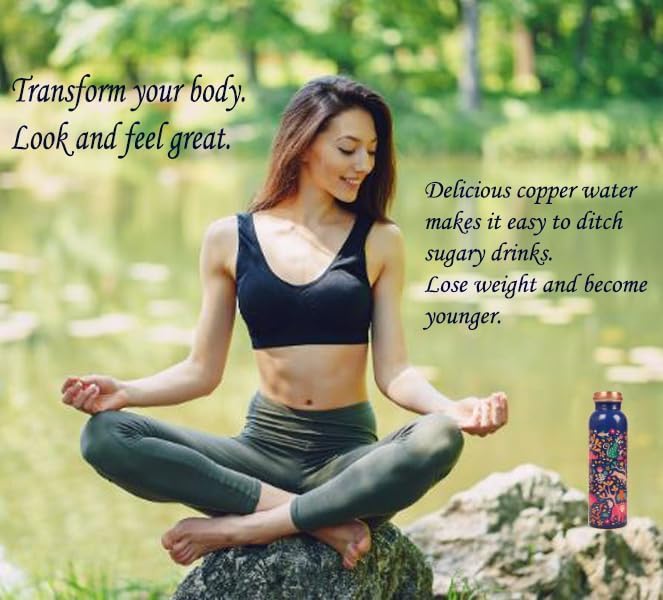 Pure Copper Water Bottle - Handcrafted - Ayurveda Health Benefits -Floral Animals Printed 35 OZ - Leak proof - Easy to carry For Sports, Fitness, Yoga, School - Vintage Enamel.