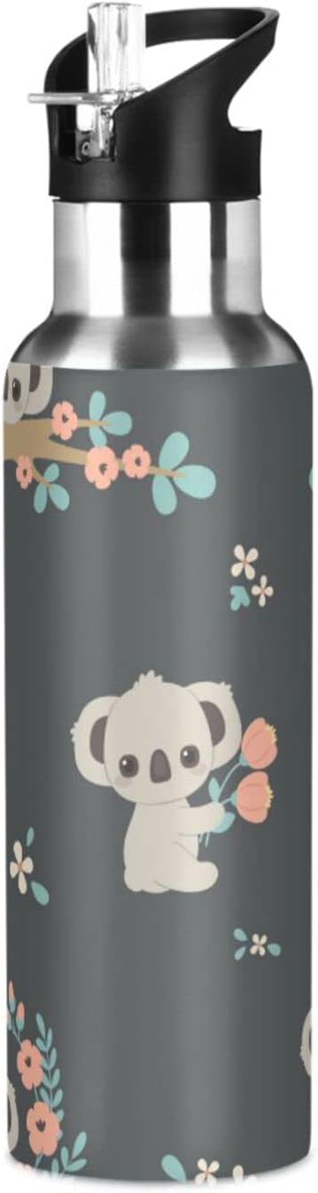 senya 20 Oz Water Bottle with Straw Koala and Flowers Stainless Steel Water Bottle for Traveling Sports Leakproof Insulated Water Bottle