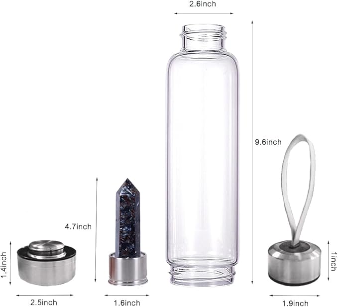 Crystal Glass Water Bottle,Water Bottle With Gemstone Center Crystal Elixir Bottle,Removable Gemstones Water Cup Crystal Column Magic Wand Energy Cup for Gifts (V-Fireworks Stone)
