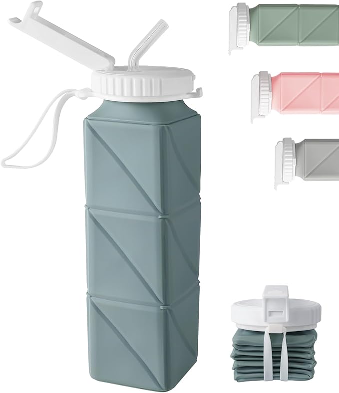 Opard Collapsible Water Bottles 21 Oz - BPA Free, Leak Proof, Foldable Silicone Collapse Water Bottle with Straw, Easy to Compact and Expandable, Travel Essentials Accessories (Blue)