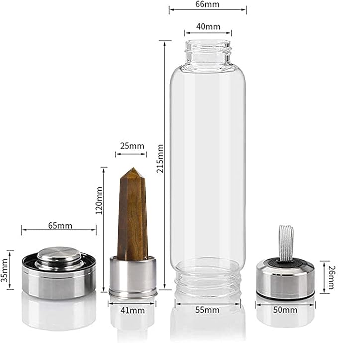 Crystal Glass Water Bottle, Glass Water Bottle with Changeable Natural Crystal Center, Quartz Gemstone Water Bottle for Natural