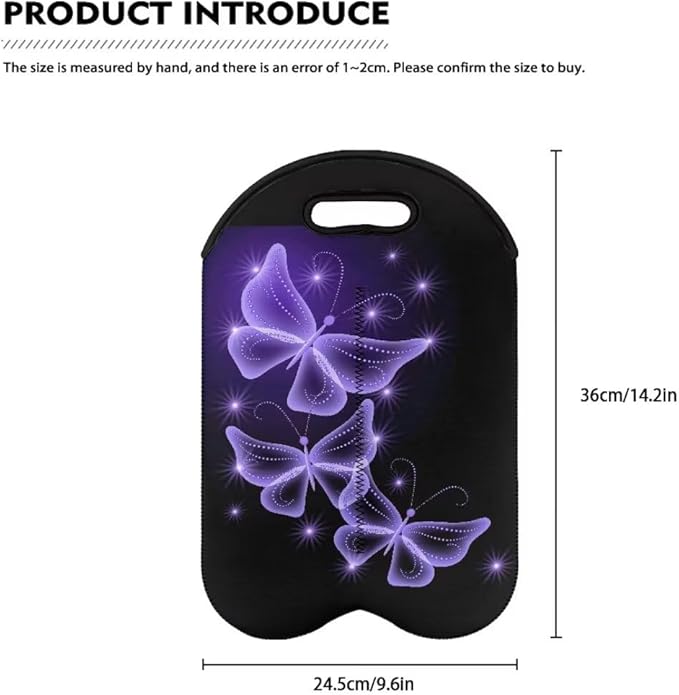 doginthehole Butterfly Wine Carrier Tote Bag 2 Bottle Pockets Insulated Neoprene Wine/Water Bottle Holder for Travel with Secure Carry Handle, Portable Wine Carrying Bag Gift for Women Wine Lovers