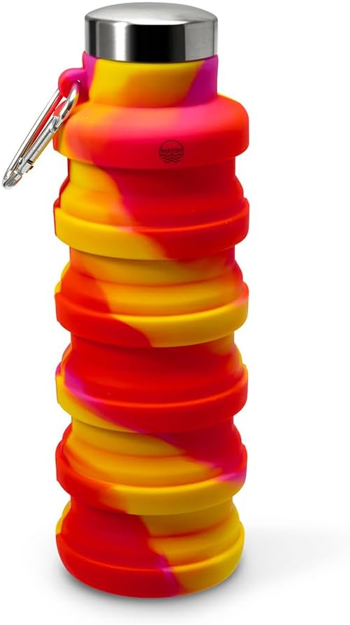 Mayim Collapsible Water Bottles Silicone Travel Tumbler with Clip for Backpack, Reusable Portable Sport Water Bottle for Gym, Camping, Hiking or Airport, 17 Oz Orange Yellow & Pink Tie Dye
