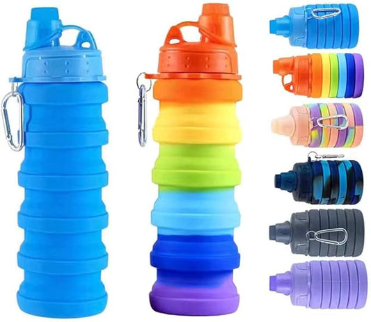Collapsible Water Bottles 2 pack Travel Water Bottle Portable Hiking Water Bottle with Leak proof Twist Cap 500ML Reusable BPA Free Silicone Water Bottles (Style1, Blue+Rainbow)