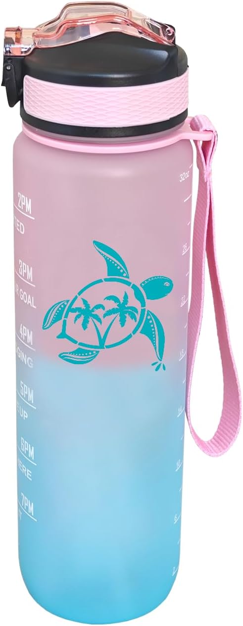 Sea Turtle Water Bottle with Straw, Carry Strap, LeakProof, Tritan BPA Free, 32 Oz Motivational Water Bottle with Time Marker to Ensure You Drink Enough Water for Gym Fitness Outdoor