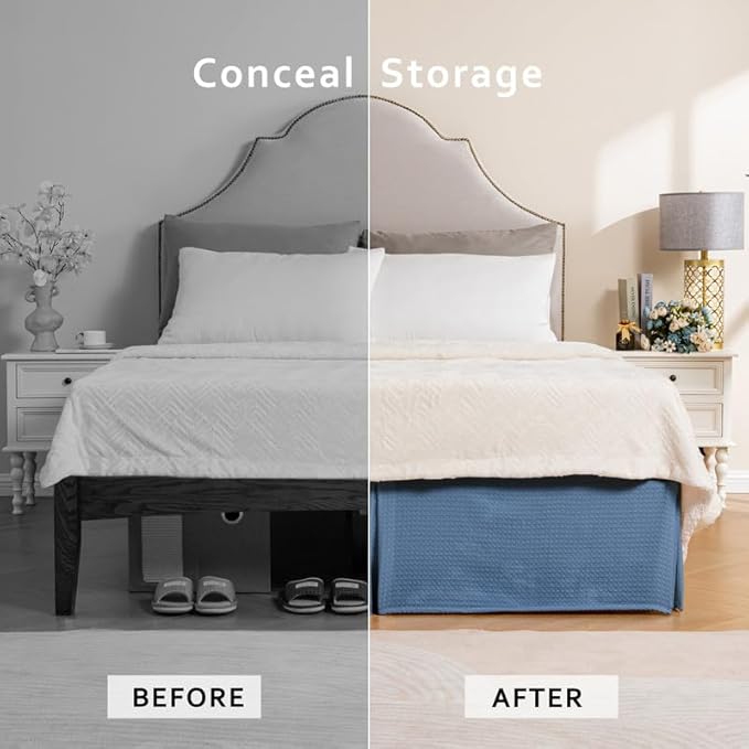 MIYE Pleated Waffle Weave Bed Skirt, Tailored Dust Ruffle 16 Inch Drop Easy Fit, Machine Washable (Blue, King - 16" Drop)