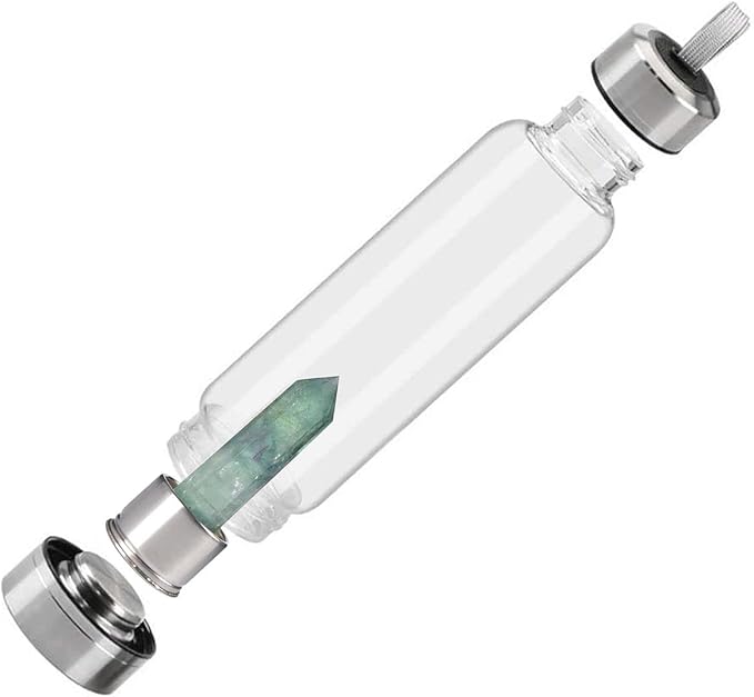 Crystal Glass Water Bottle, Glass Water Bottle with Changeable Natural Crystal Center, Quartz Gemstone Water Bottle for Natural