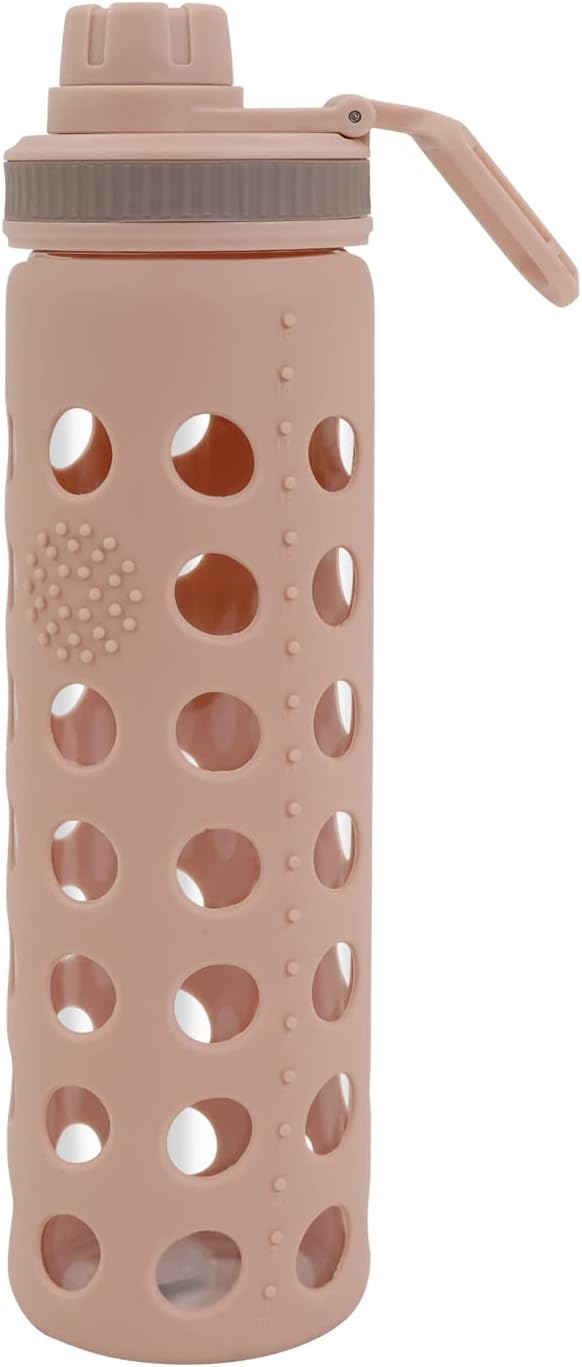 Modern-Depo 20oz Clear Glass Water Bottles Extra Lid Odor Proof and Stain Resistant Wide Mouth Reusable Fitness Sports Bottle with Sleeve, Motivational Water Jug, Khaki