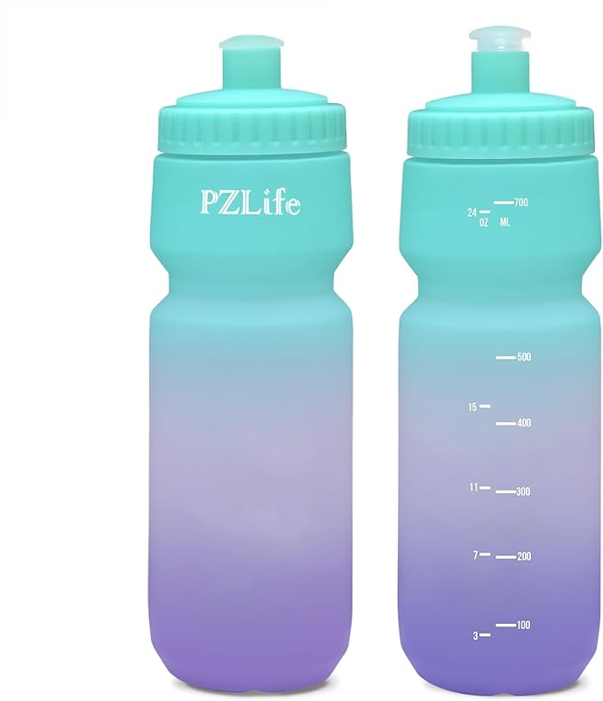 24oz Bike Squeeze Water Bottle, BPA Free Cycling Water Bottle,Leakproof, with Capacity Scale w/Pull Top Lid, Reusable Sport Water Bottle, for Bicycle, Gym,Running