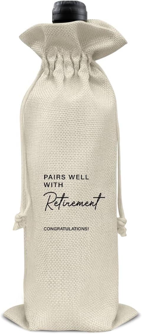 HOIJAUMAI Retirement Gift Wine Bag, Retired Gifts for Women Men, Going Away Goodbye Farewell Gifts for Coworker Friends, Pairs Well with Retirement Burlap Drawstring Wine Bag