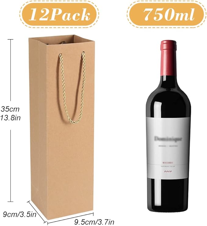 HRX Package Premium Kraft Paper Wine Gift Bags with Handles, 12PCS Sturdy Single Bottle Wine Holder Tote Bag for Christmas, Party, Shopping, Retail Merchandise (Brown)