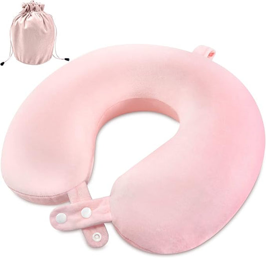 Travel Neck Pillow Airplane, Soft Memory Foam Support Head Neck Chin, with Removale Cover and Adjustable Snap Button, Comfortable Sleeping in Plane Car Train Traveling Office, Light Pink