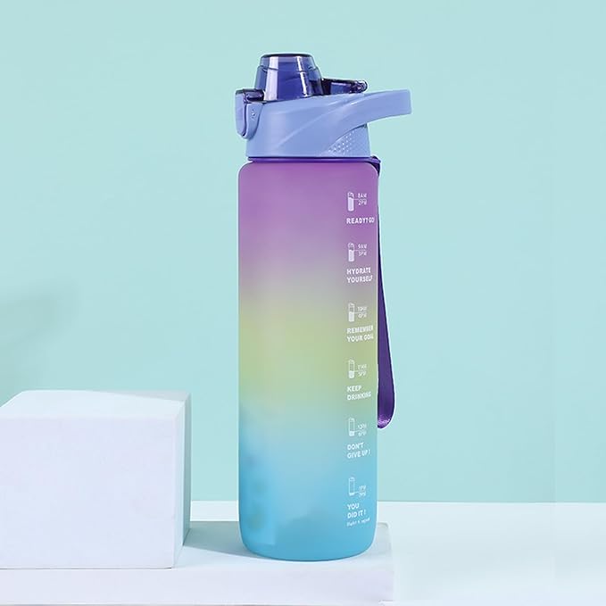 DEARART 32oz Water Bottle With Motivational and Time Marker, BPA FREE Quick Drink No Straw, Easy Clean Suit Sports Office Gym School, Purple-Mix