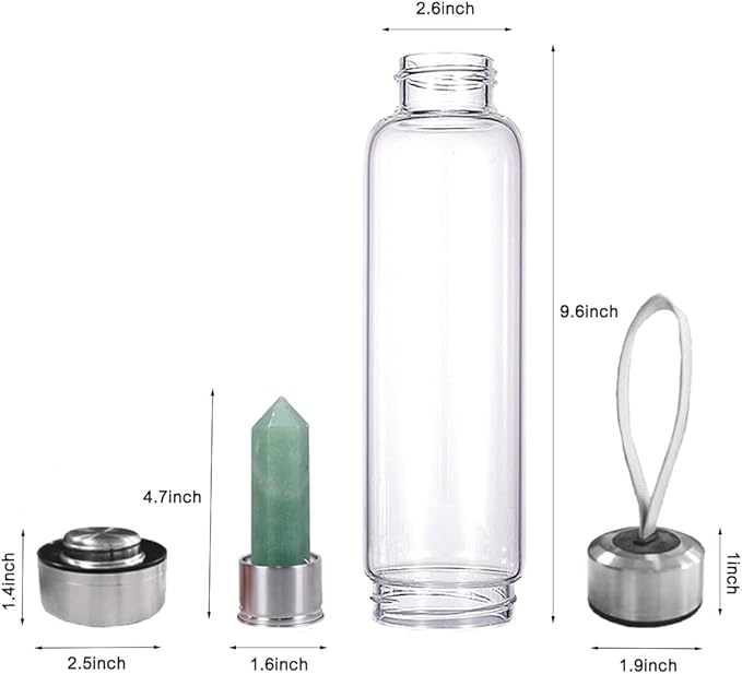 Crystal Glass Water Bottle,Water Bottle With Gemstone Center Crystal Elixir Bottle,Removable Gemstones Creative Water Cup Crystal Column Magic Wand Energy Cup for Gifts (N-Dongling Jade)