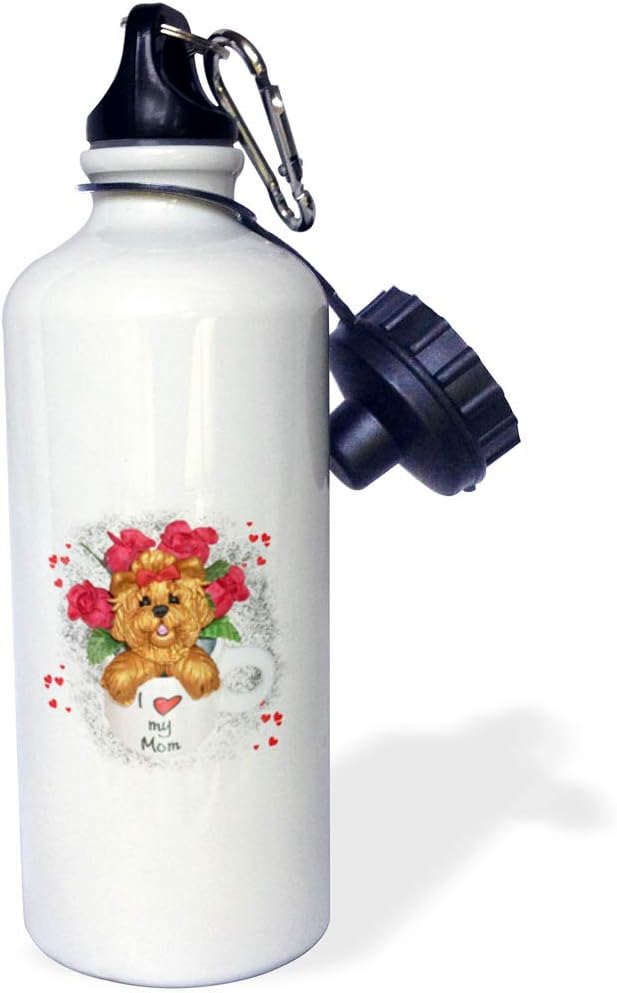 3dRose Cute Red Roses I love My Mom Yorkie Yorkshire Terrier Dog Art-Sports Water Bottle, 21oz , Multicolored