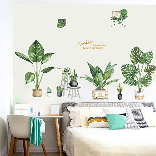 Green Plants Wall Stickers - SHCHA Tropical Plants Removable Wall Decals for Family Living Room Background Wall Decoration Kids Bedroom Kitchen Office Nursery Room Potted Wallpaper