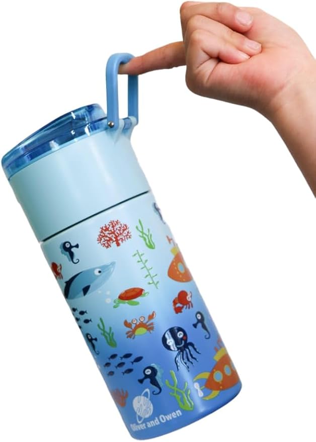 Kids insulated water bottle with straw and snack cup. Double wall stainless steel 14oz (skyblue ocean theme)