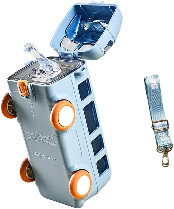 Bus Water Bottle Car Straw Water Cup 17oz Portable Bus Shaped Water Bottle with Strap Cute Drinking Jug with Wheels Leakproof for School, 3505711WZX9RVKPAJ, Blue