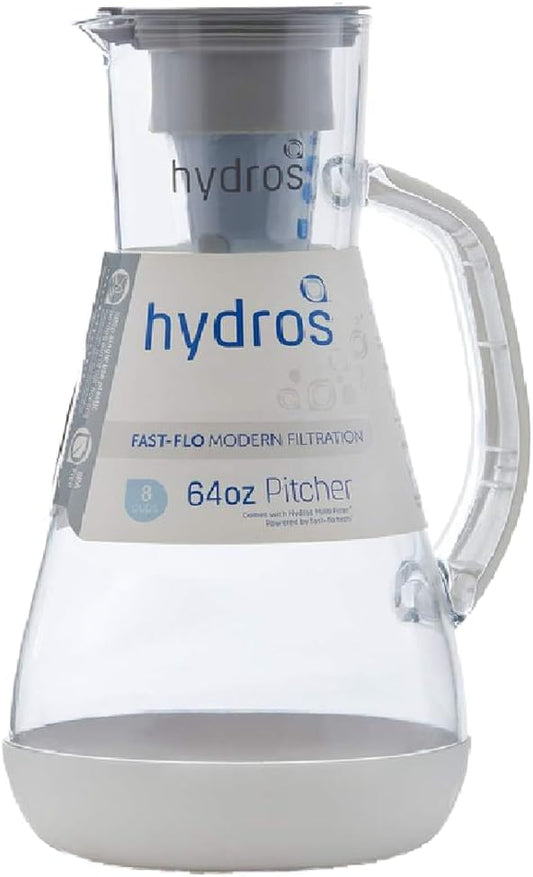 Hydros 64 Ounce Water Filter Pitcher with Patented Fast Flo Tech, 60 Second Quick Fill-Up and BPA-Free Recyclable Filter, Eight Cup Capacity, White