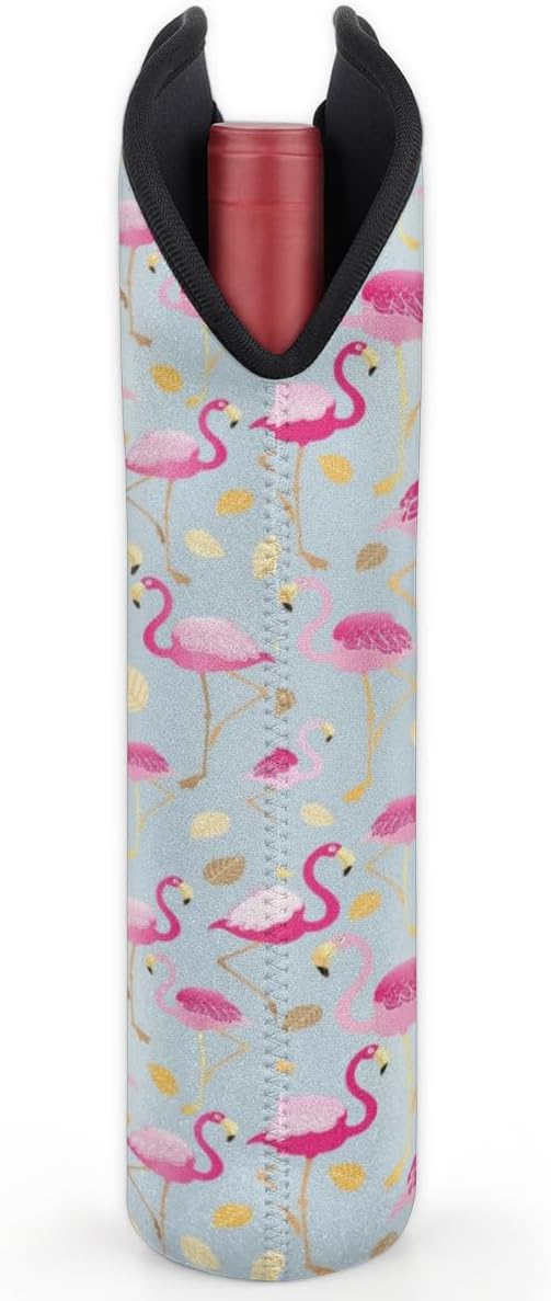 Pink Flamingo 2-Bottle Wine Gift Tote Carrier Gold Leaves Neoprene Wine Tote Bags Holder Cooler Wine Gift for Women Men