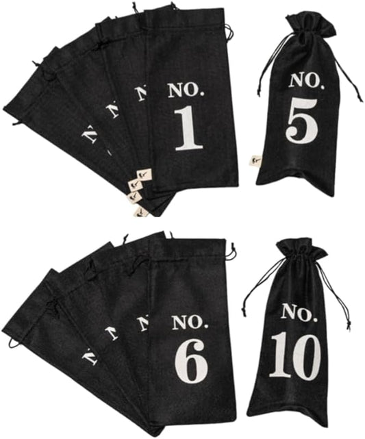 VINOPIE Black Blind Tasting Wine Bags Cover Pouch Kit Tasting Sleeve With Numbering 1to10 Mark Printed On It (10pcs) Hessian Cloth Glass Bottle Gift Bags for Christmas Wedding Party Decoration