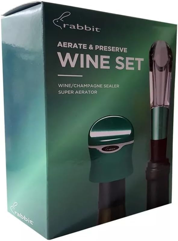 Rabbit Aerate and Preserve Wine Set, Wine/Champagne Sealer and Super Aerator (Green), Standard