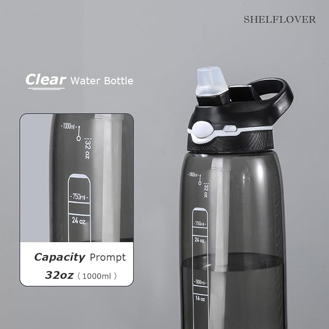 SHELFLOVER Black Water Bottle With Narrow Straw, BPA FREE Clear Bottles With Handle One Hand Use Easy Carried, Flip Up, Suit School, Office, Gym, Office For Men, 32oz (1000ml)