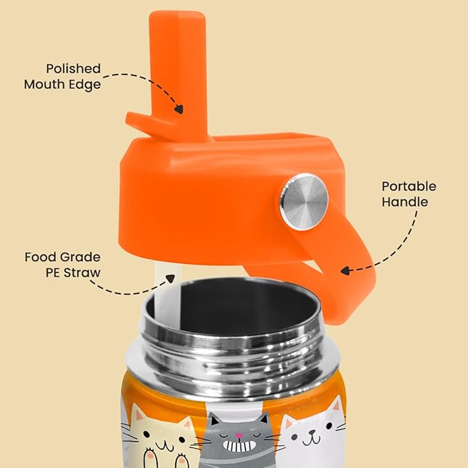 Cat Water Bottle - Kids Water Bottle with Straw Lid - 12 Oz Insulated Stainless Steel Water Bottles for Toddlers Kid Boys Girl - Travel Cup for School Sports