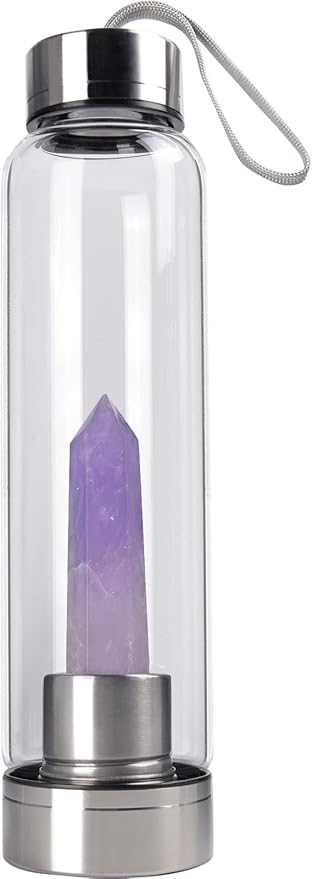 Crystal Glass Water Bottle, Glass Water Bottle with Changeable Natural Crystal Center, Quartz Gemstone Water Bottle for Natural