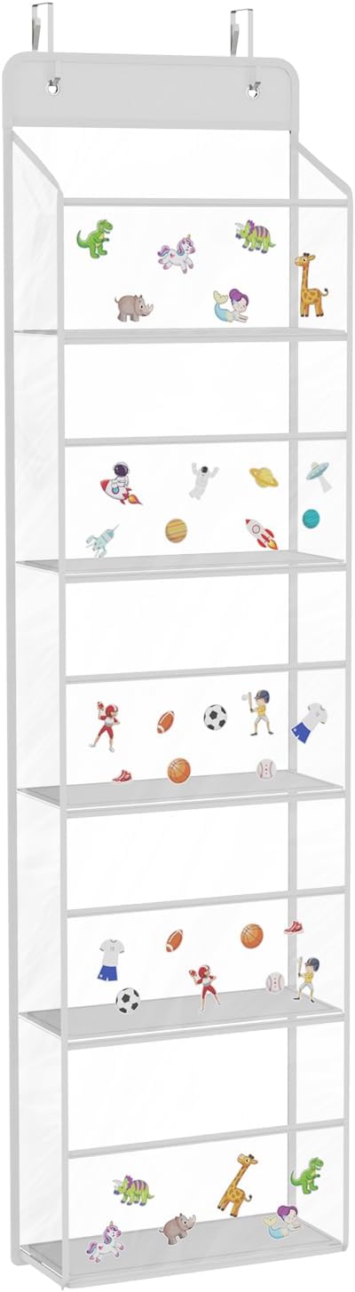 Univivi Over The Door Organizer Hanging Storage, Closet Door Organizer Baby Storage with 5 Clear Plastic Pockets & 2 Big Metal Hooks & Sticker for Cosmetics, Bathroom, Nursery and Sundries