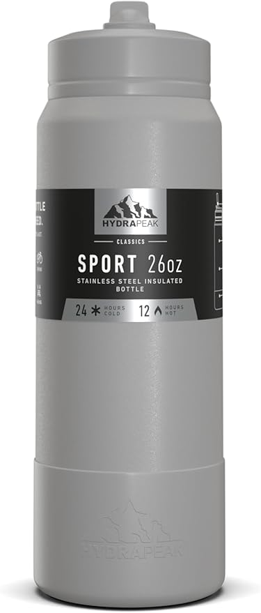 Hydrapeak 26oz Sport Insulated Water Bottle with Straw or Chug Lid, Leak & Spill Proof, Keeps Drinks Cold for 24 Hours, Hot for 12 Hours, Premium Stainless Steel Water Bottles (26oz, Grey)