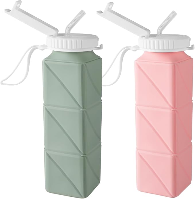 Opard Collapsible Water Bottles 21 Oz - BPA Free, Leak Proof, Foldable Silicone Collapse Water Bottle with Straw, Easy to Compact and Expandable, Travel Essentials Accessories (Green + Pink)