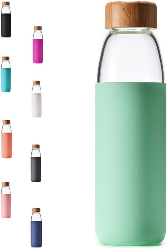 veegoal Glass Water Bottles 18 Oz Borosilicate with Bamboo Lid, BPA-FREE, Non-Slip Silicone Sleeve, and Stainless Steel Leak Proof Lid - Glass Water Bottle for Men and Women