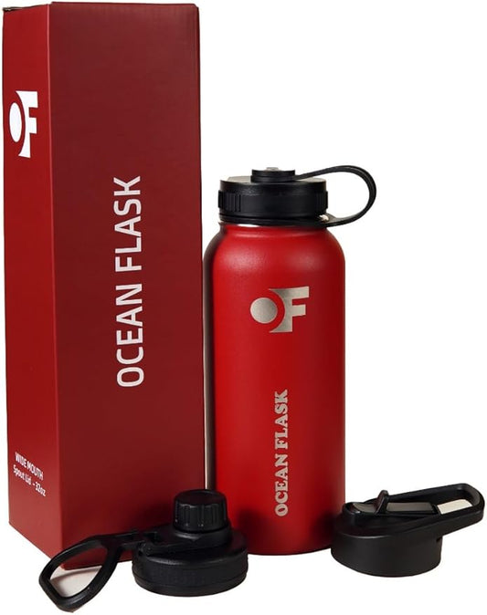 Sports Water Bottle - 32 Oz 3 Lids Straw Lid Leak Proof (Straw, Spout and Handle Lid)- Stainless Steel Sport and Gym, Travel Bottles for Men, Women -Insulated Thermos (Fire Red)