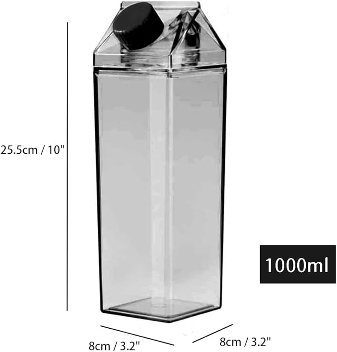 Jinberry 1000ml/34oz Cute Leakproof Clear Milk Carton Water Bottle Portable Drinkware for Outdoor Climbing Tour or Camping
