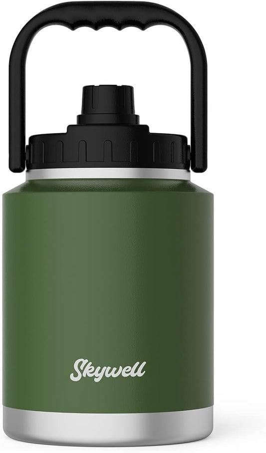 SkyWell Half Gallon Insulated Water Bottle with Handle and Wide Mouth Water Flask Sweat-Proof and Leak-Proof 64 Oz Water Jug for Outdoors, Olive