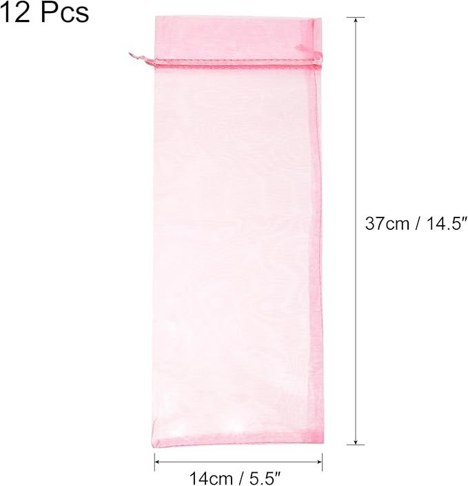 uxcell Organza Wine Bags, 12PCS 14.5 x 5.5 In Pink Sheer Mesh Organza Wine Wrapping Bags With Drawstring Wine Gift Pouches for Bottle Birthday, Wedding Party